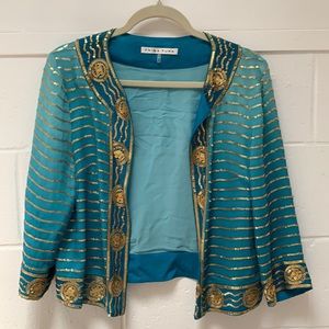 Trina Turk open silk cardigan with gold sequins